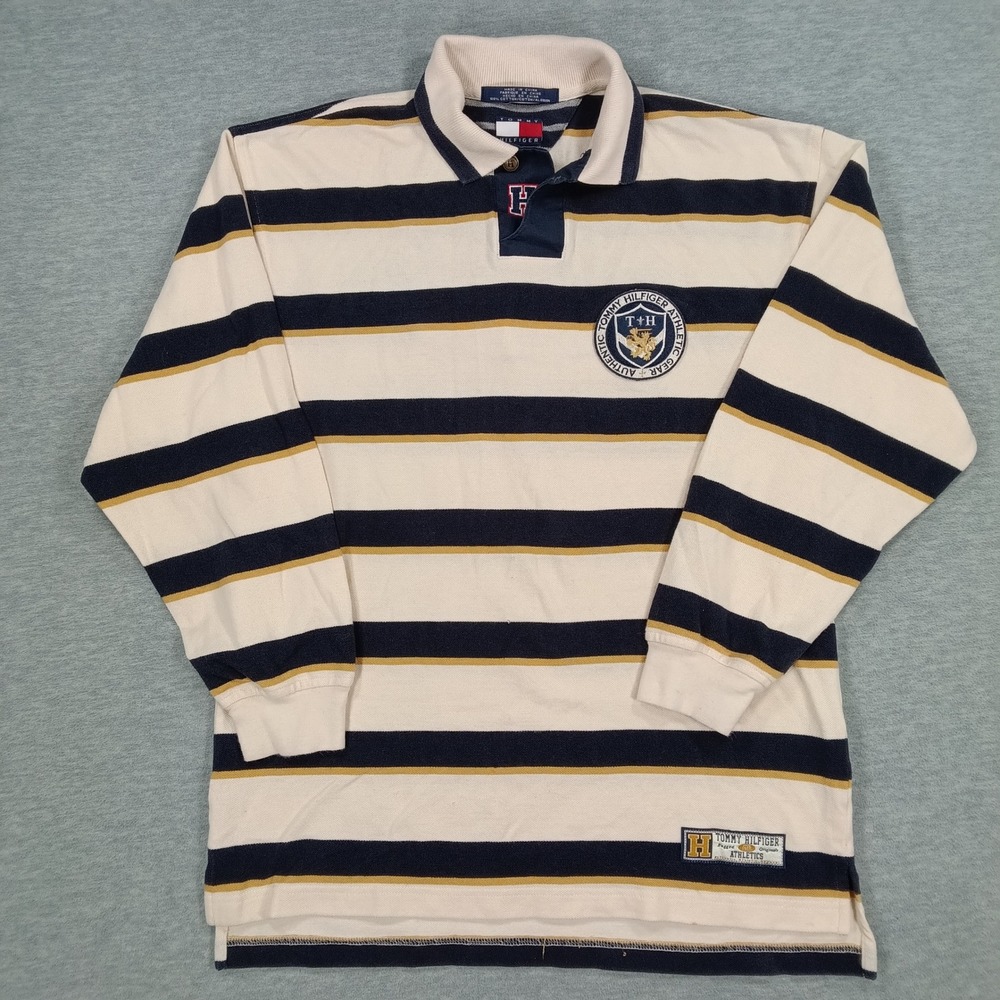Tommy Hilfiger Athletics Mens Medium Striped Long Sleeve Rugby Shirt Navy Gold